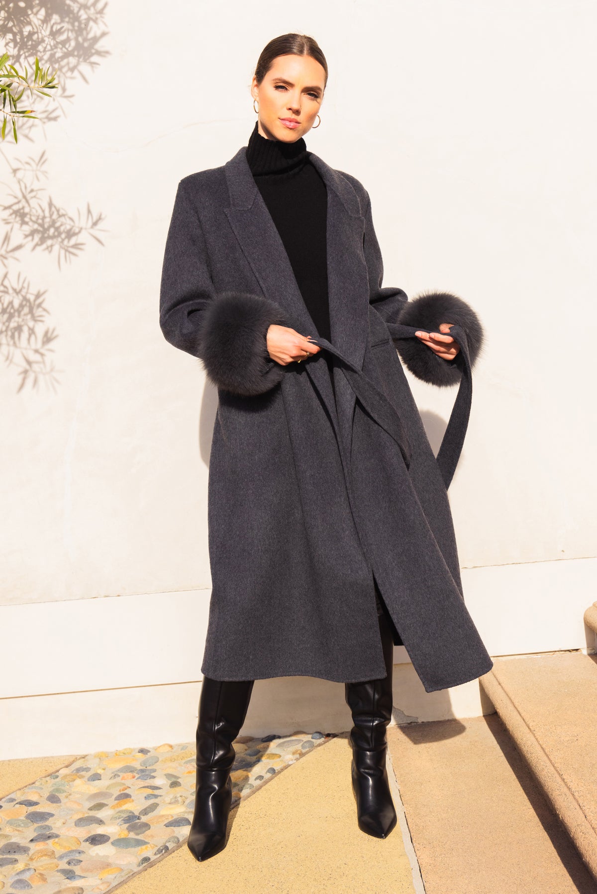 Hidden Illusion Wool Coat with Fur Cuffs in Grey