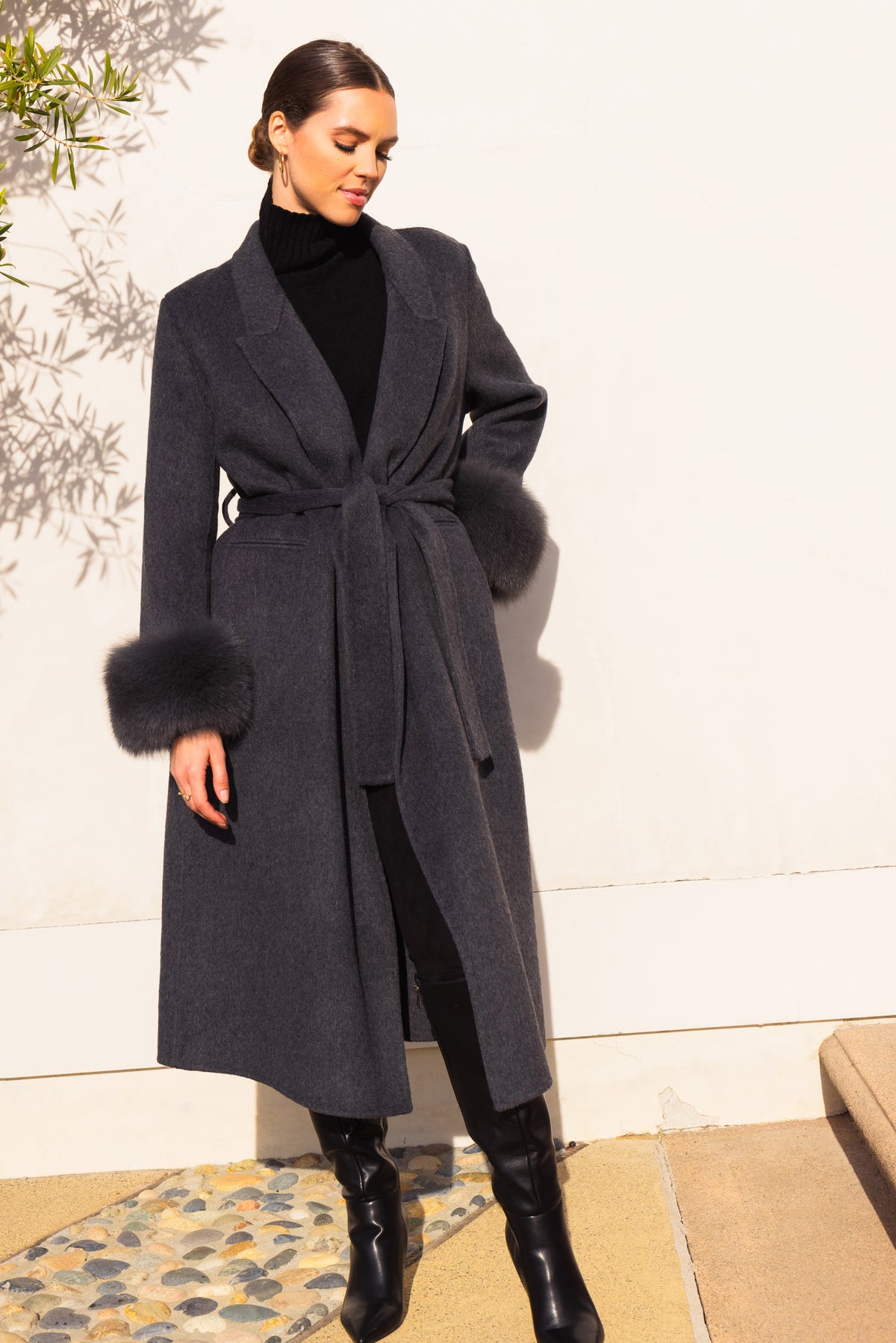 Hidden Illusion Wool Coat with Fur Cuffs in Grey