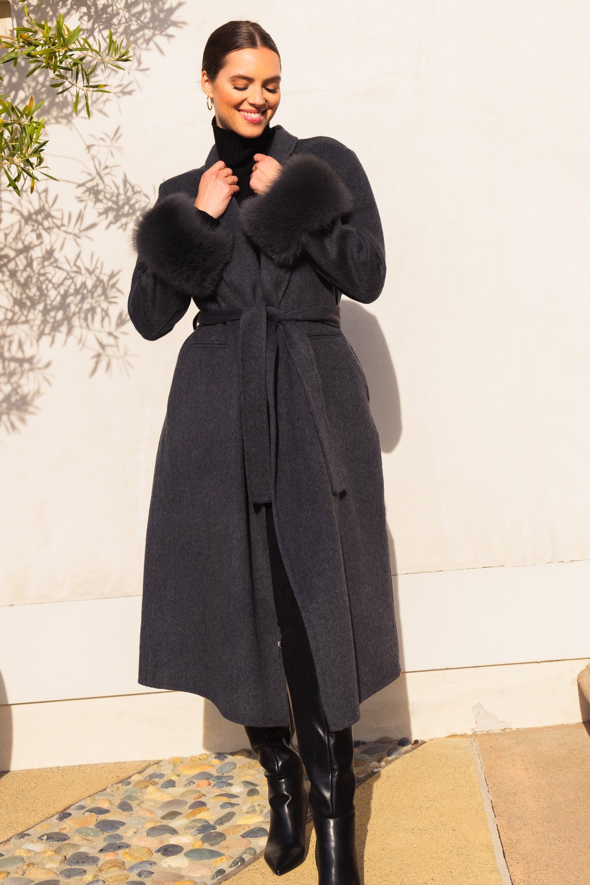 Hidden Illusion Wool Coat with Fur Cuffs in Grey