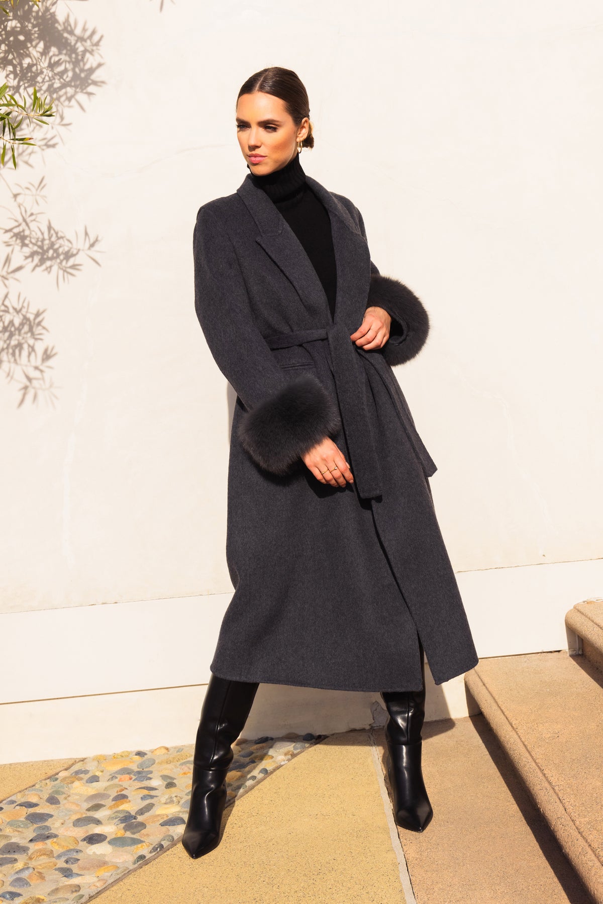 Hidden Illusion Wool Coat with Fur Cuffs in Grey