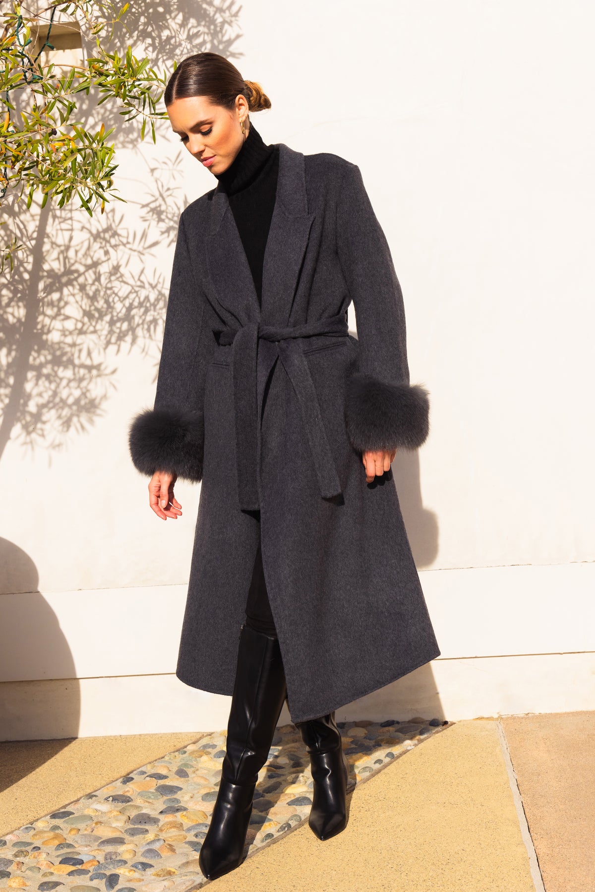 Hidden Illusion Wool Coat with Fur Cuffs in Grey