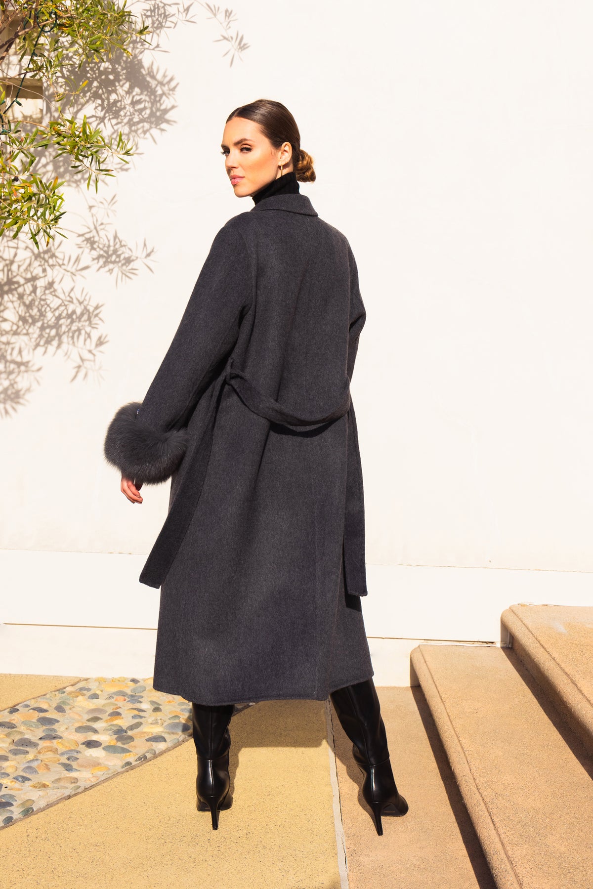 Hidden Illusion Wool Coat with Fur Cuffs in Grey