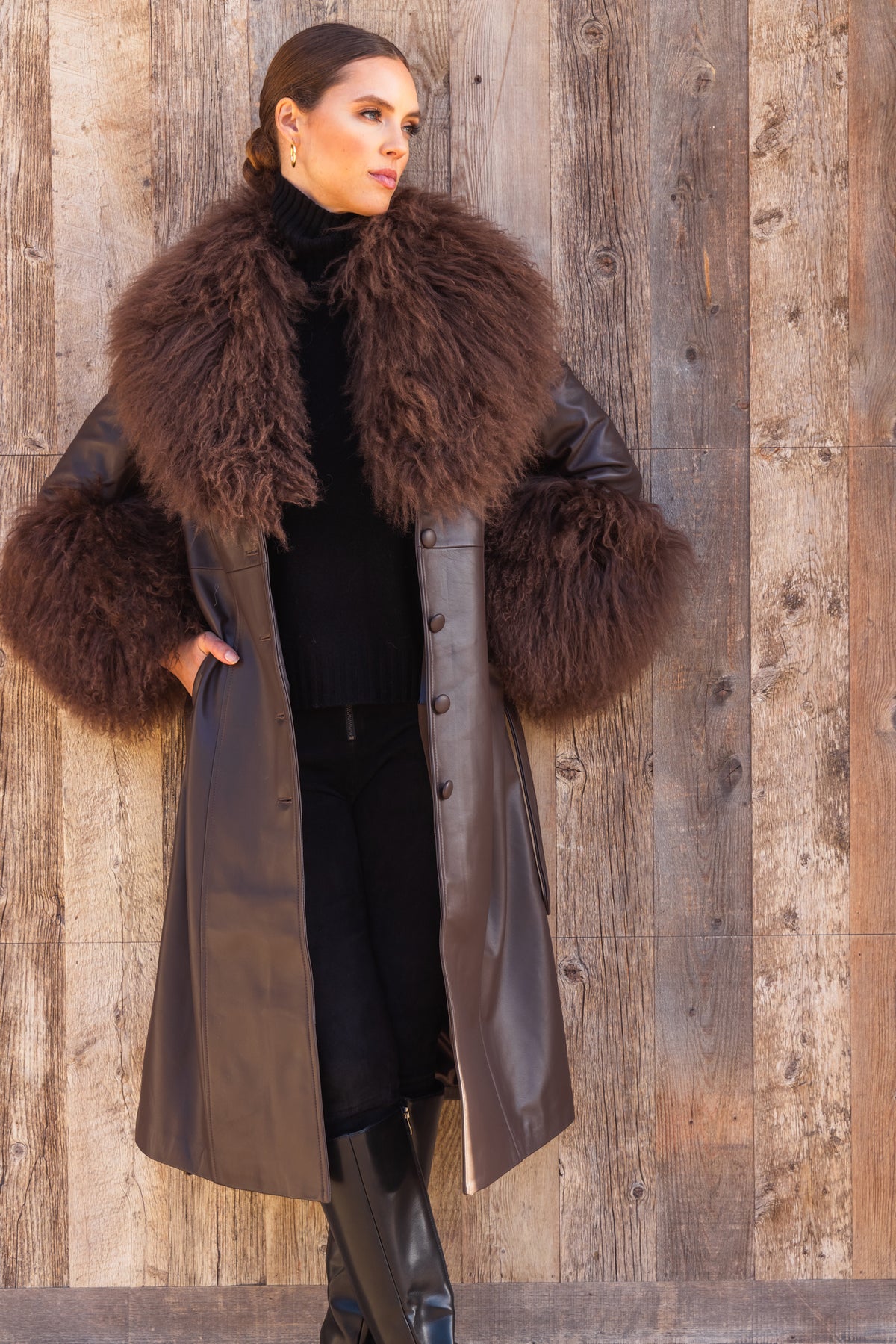 Blade Leather and  Mongolian Wool Coat in Brown