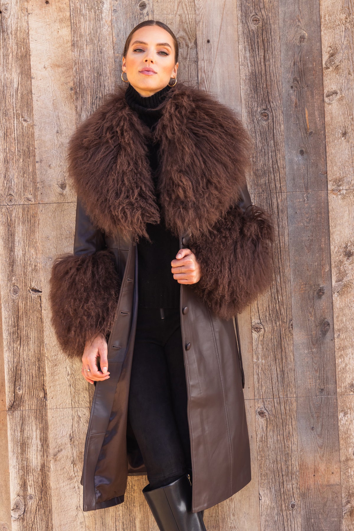 Blade Leather and  Mongolian Wool Coat in Brown