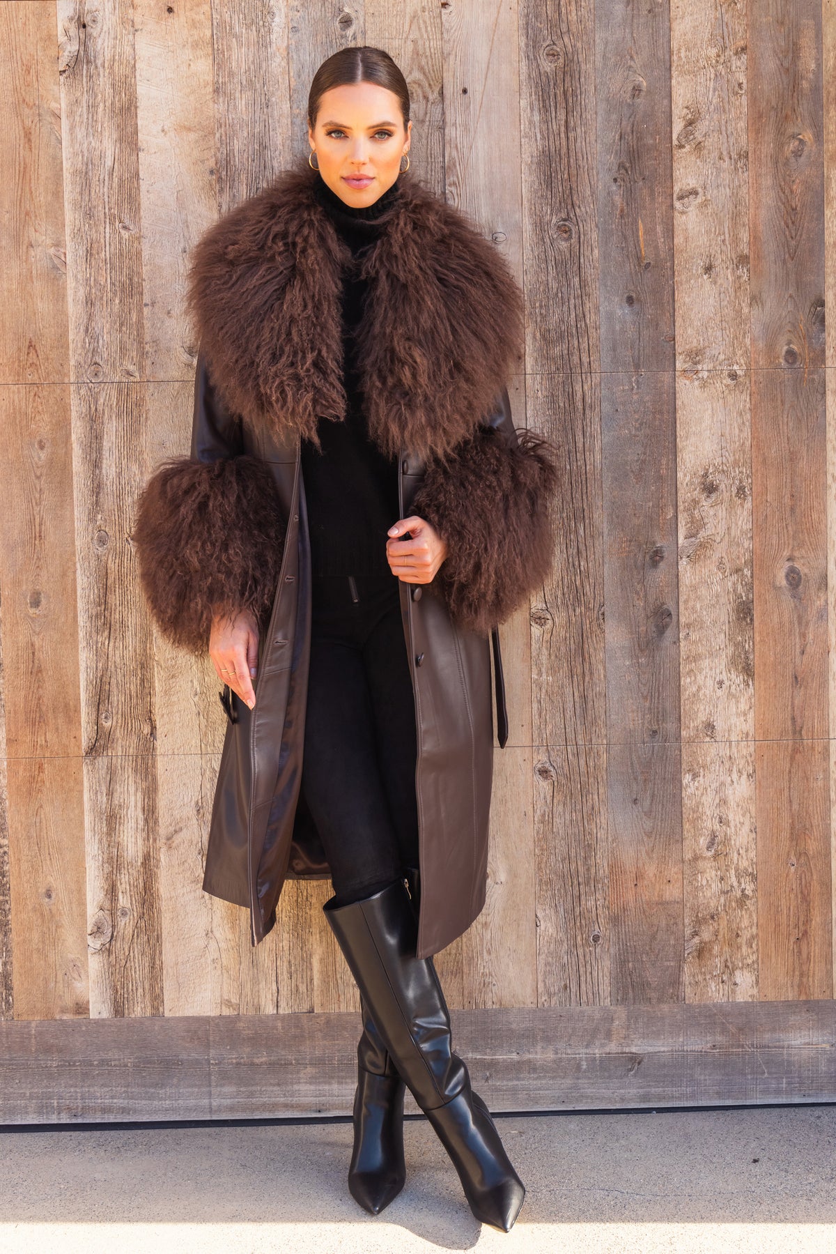 Blade Leather and  Mongolian Wool Coat in Brown