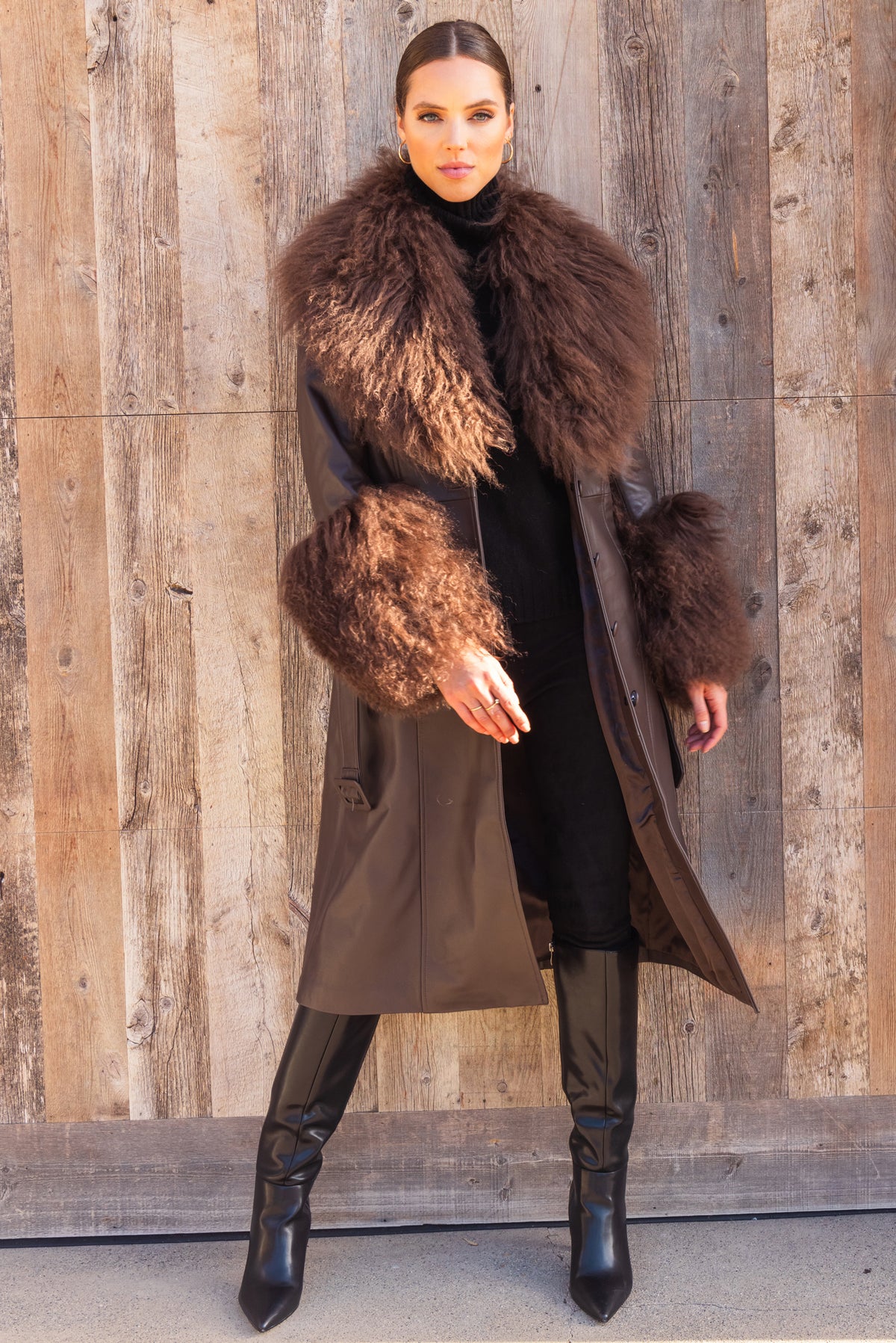 Blade Leather and  Mongolian Wool Coat in Brown