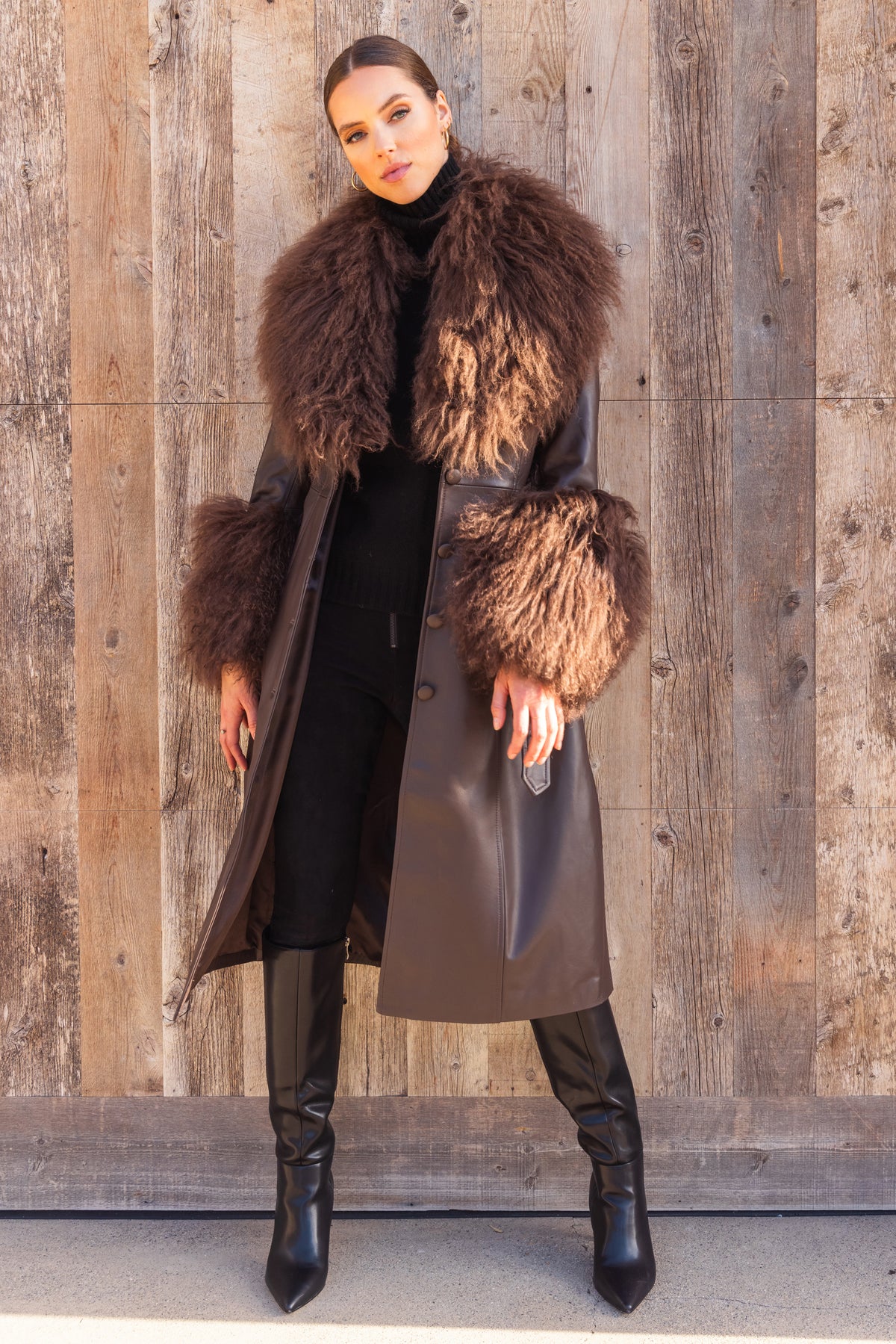 Blade Leather and  Mongolian Wool Coat in Brown