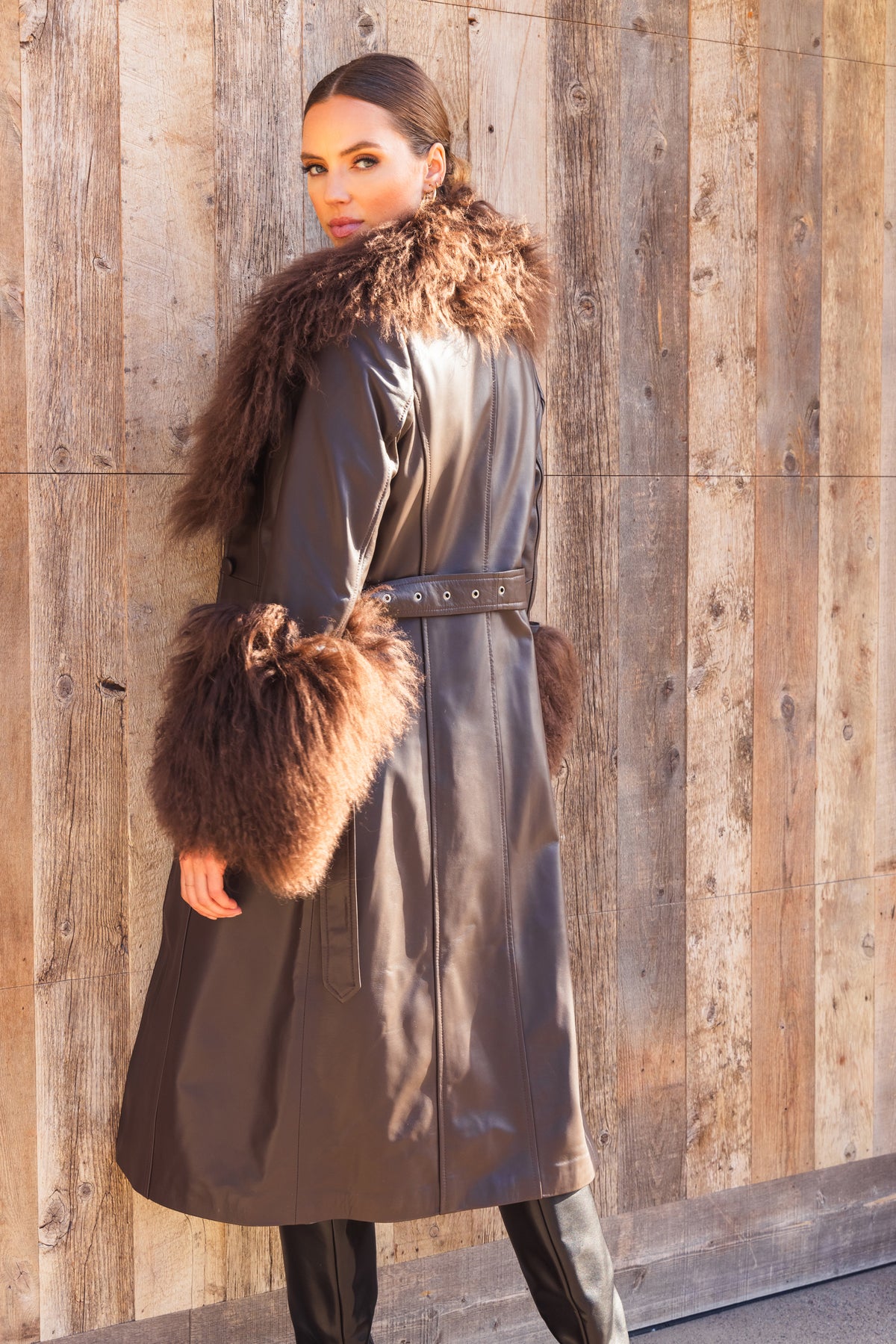 Blade Leather and  Mongolian Wool Coat in Brown