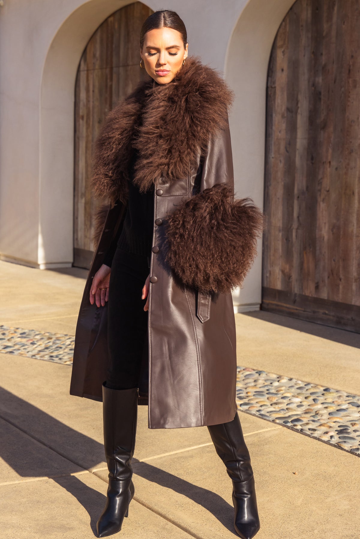 Blade Leather and  Mongolian Wool Coat in Brown