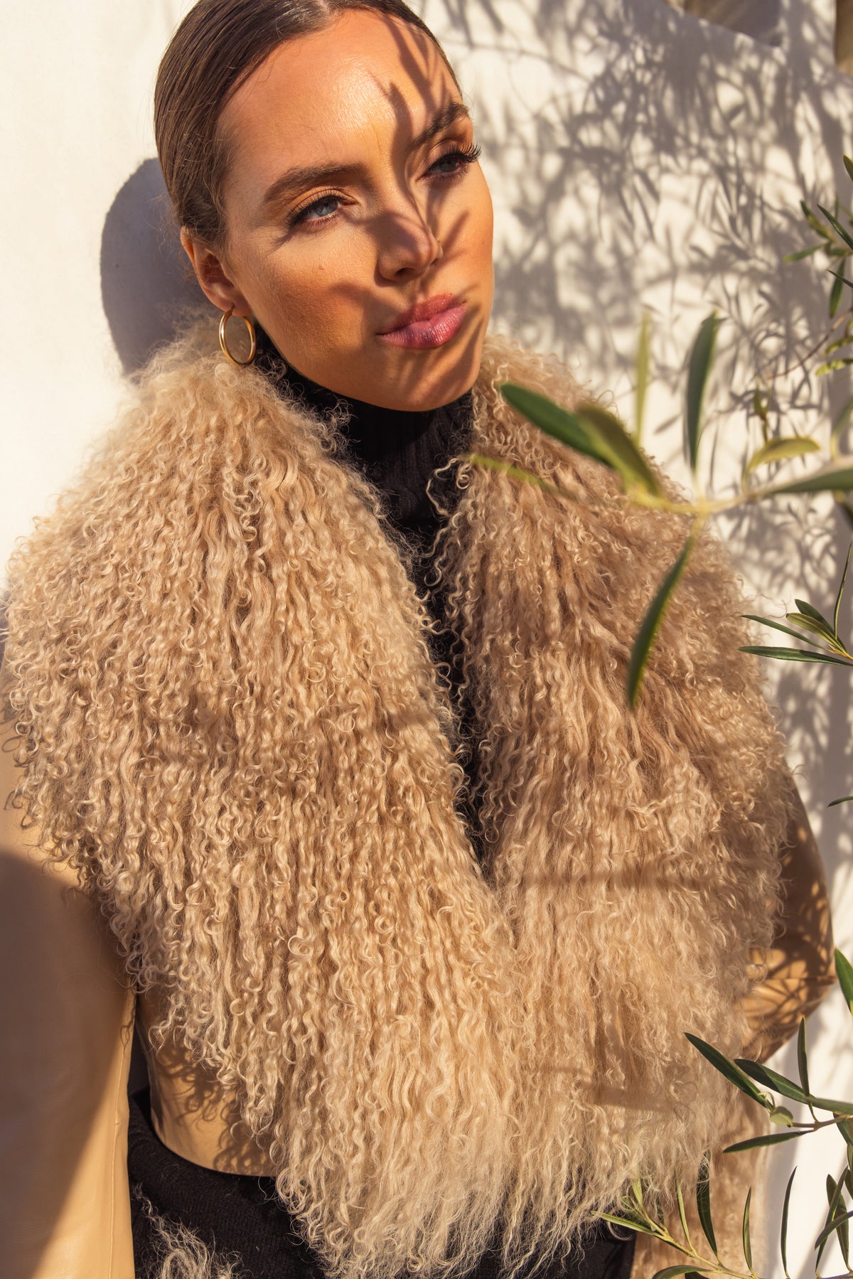 Awaken Leather and  Mongolian Wool Cropped Jacket in Tan