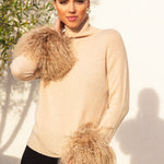 Hibernate Removable Mongolian Wool Cuff Turtleneck Sweater in Light Camel