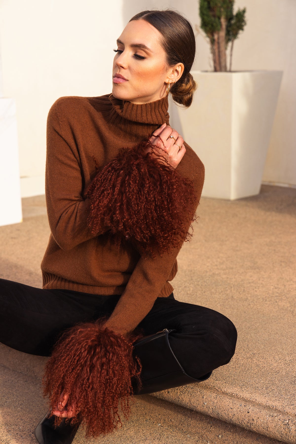 Hibernate Removable Mongolian Wool Cuff Turtleneck Sweater in Brown