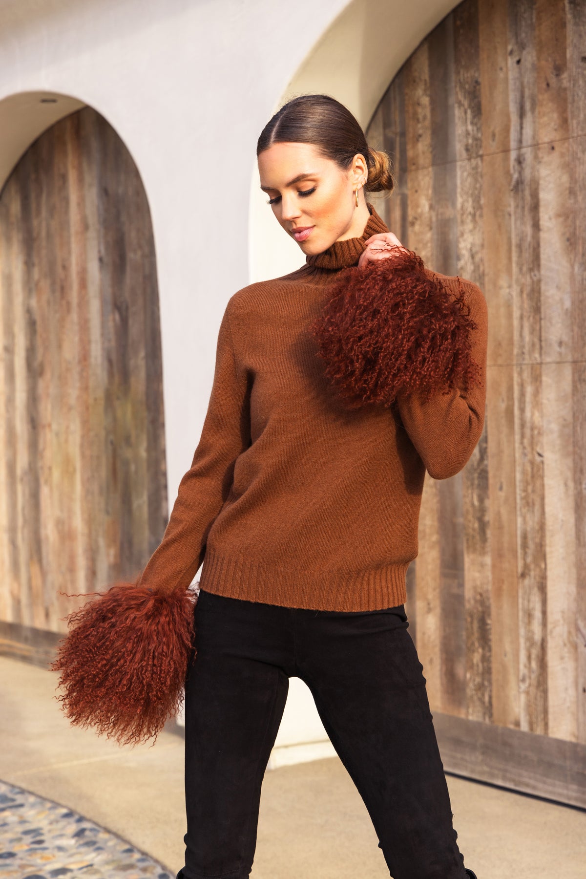 Hibernate Removable Mongolian Wool Cuff Turtleneck Sweater in Brown