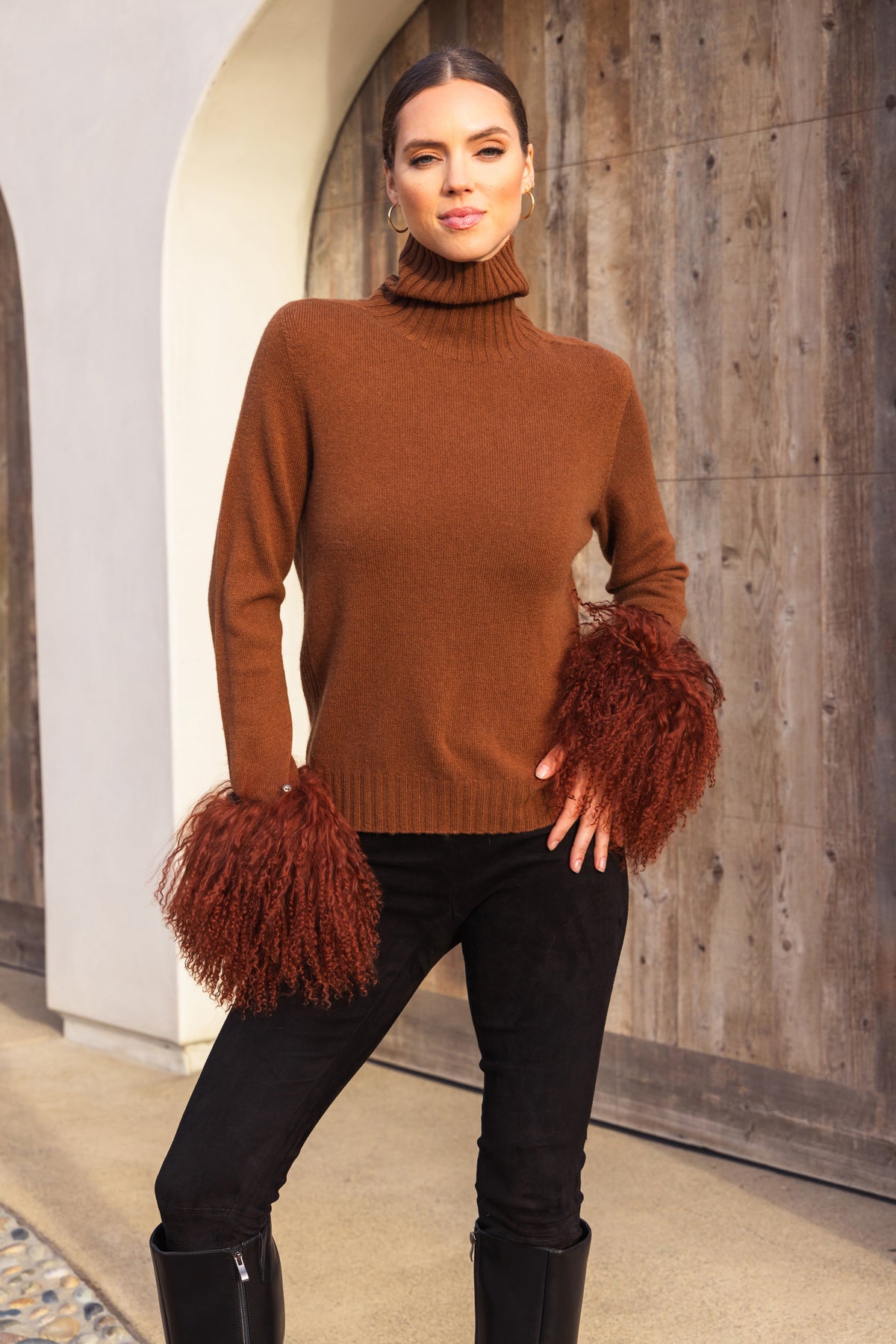 Hibernate Removable Mongolian Wool Cuff Turtleneck Sweater in Brown