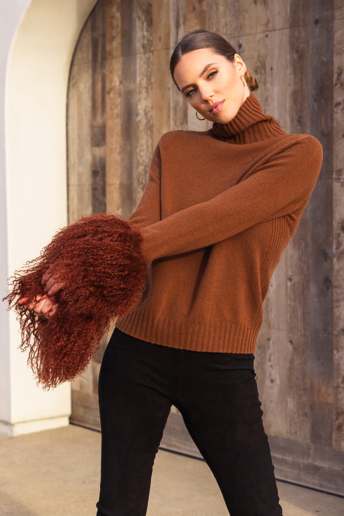 Hibernate Removable Mongolian Wool Cuff Turtleneck Sweater in Brown