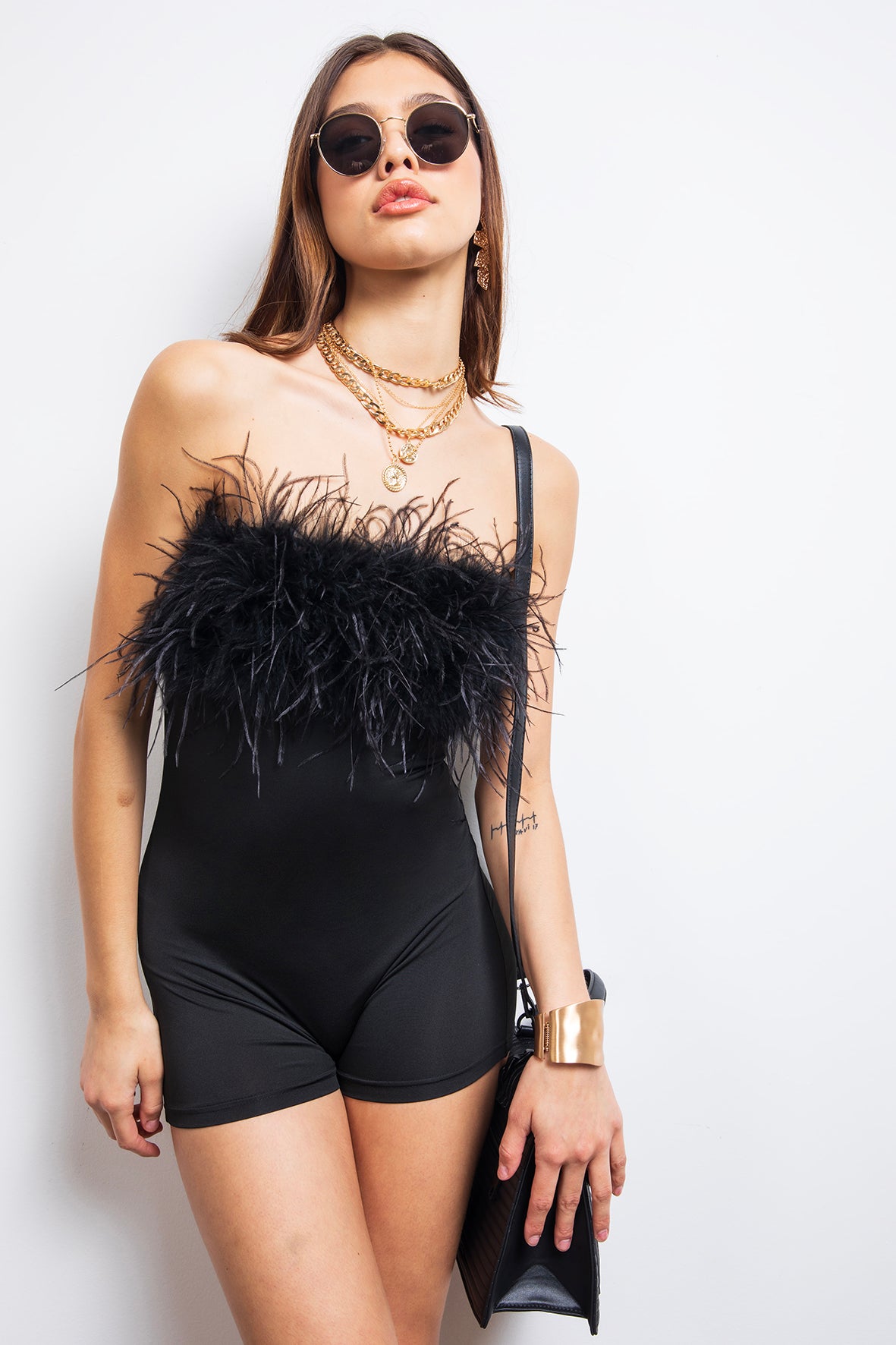 Ladyluck feather playsuit in Black