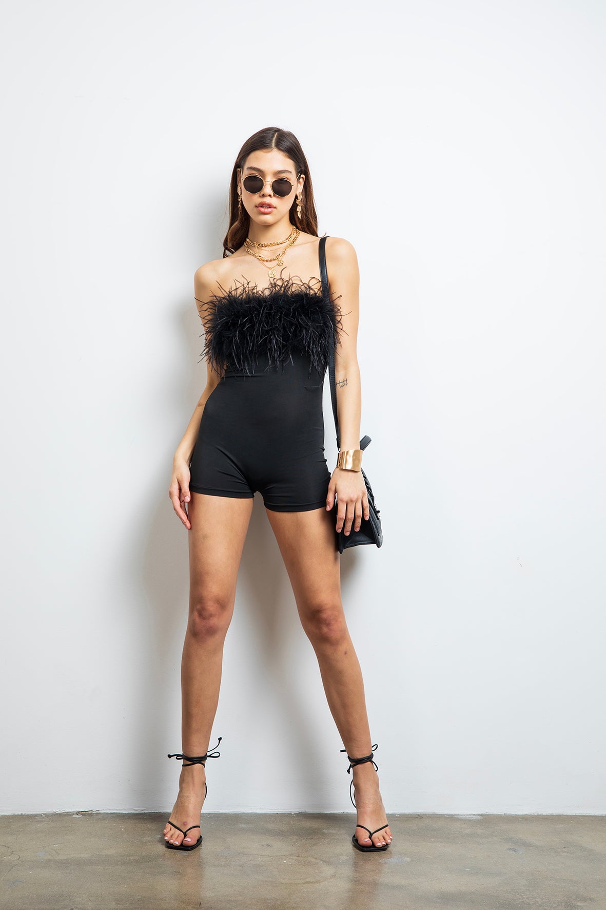 Ladyluck feather playsuit in Black