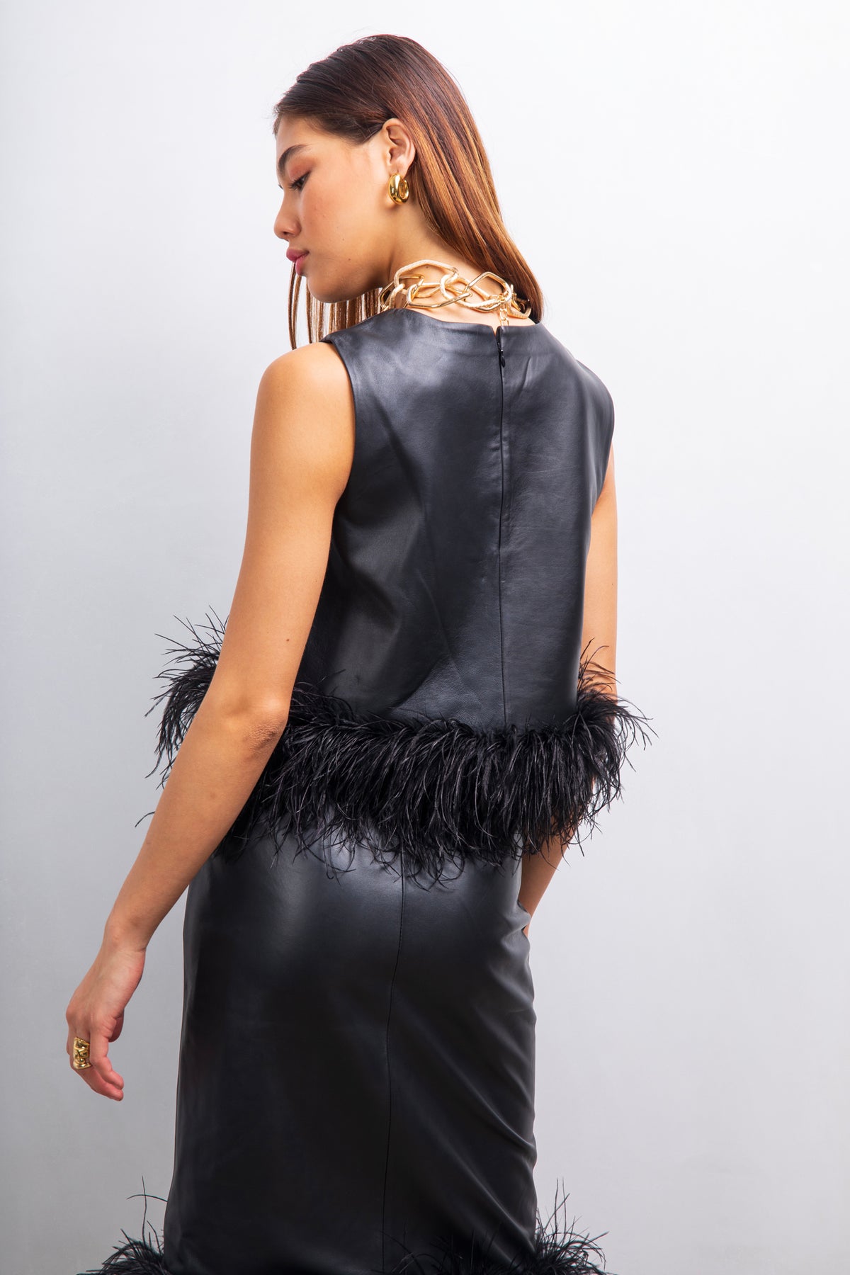 Avail Yourself leather and feather top in Black