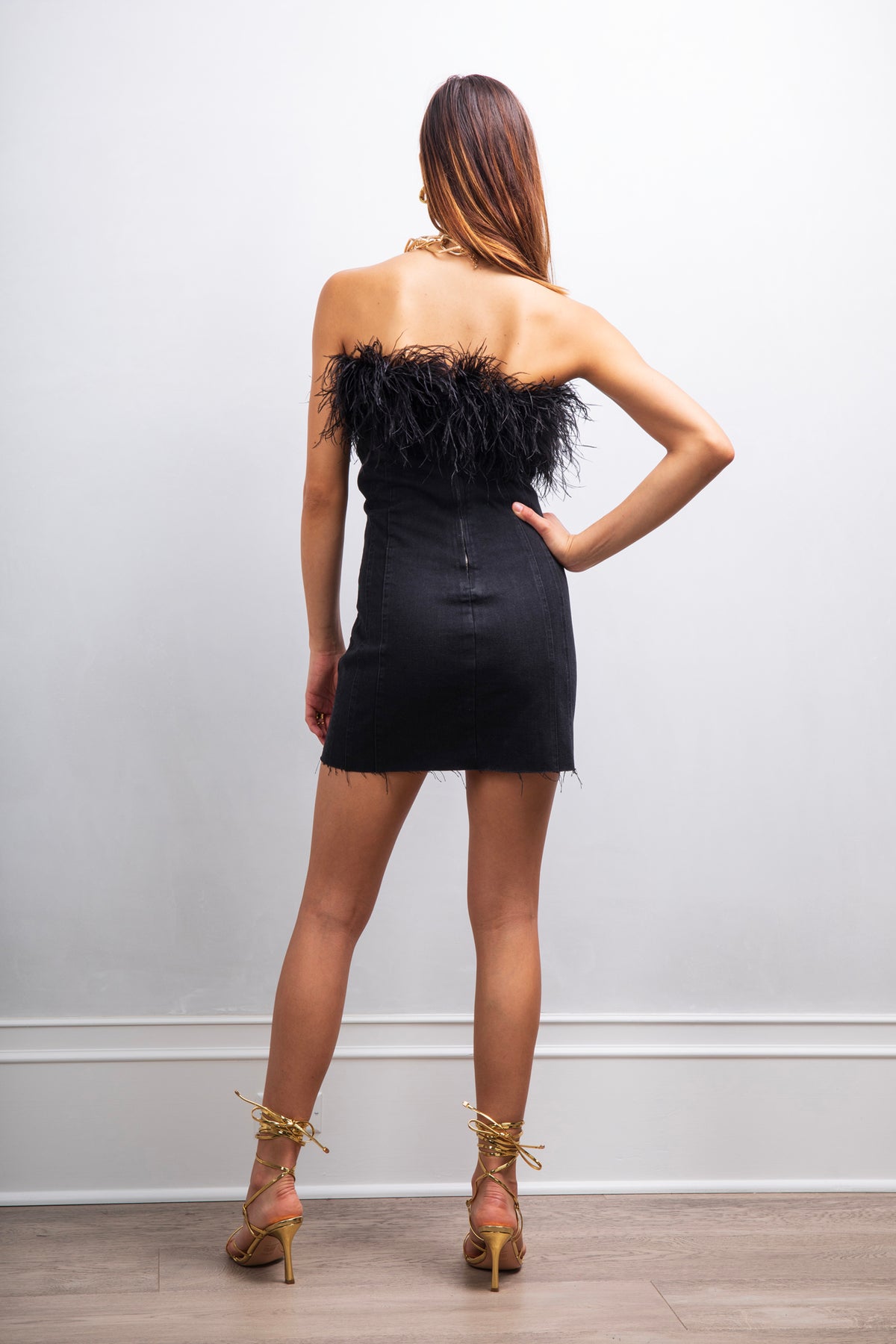 Moda Mia denim feather mini dress in Black