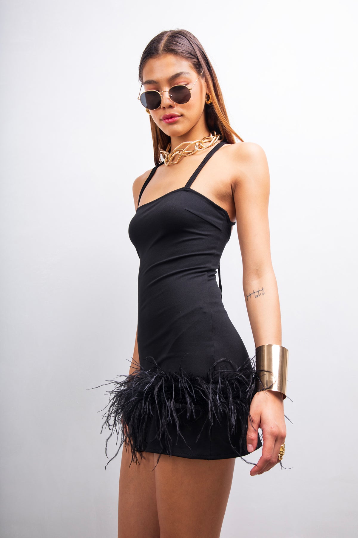 Lacy feather trim mini dress in Black