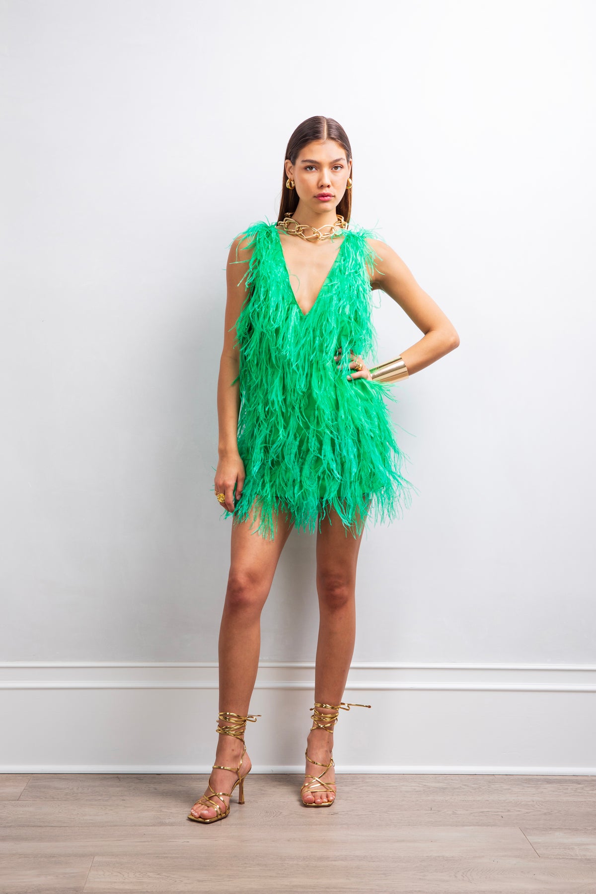 Intense defense feather mini dress in Green