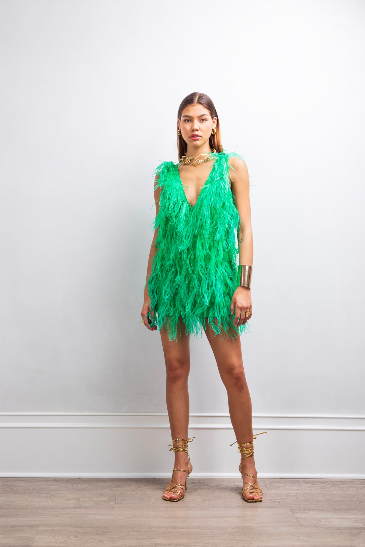 Intense defense feather mini dress in Green