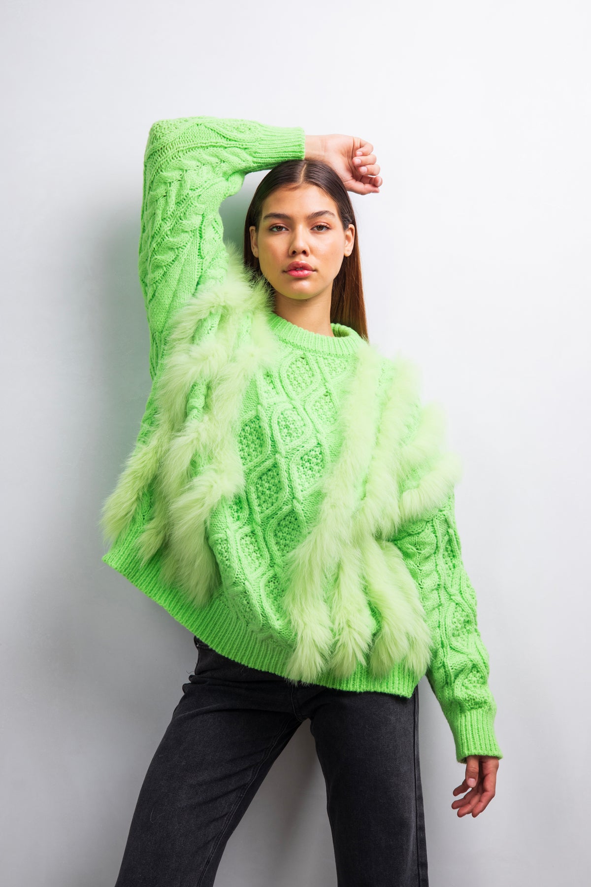 It&#39;s A Vibe fur and wool sweater in Green