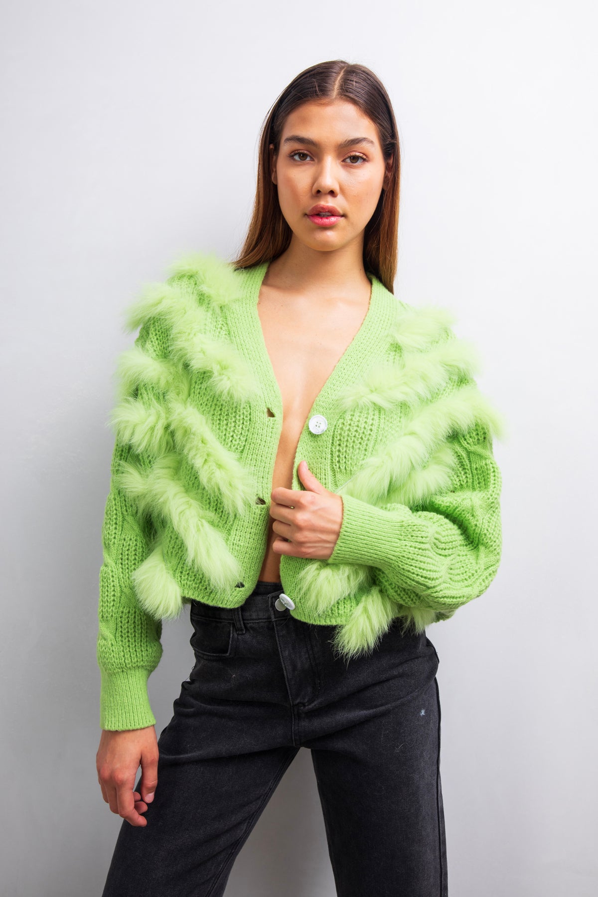 Honey Pot fur and wool cardigan in Green