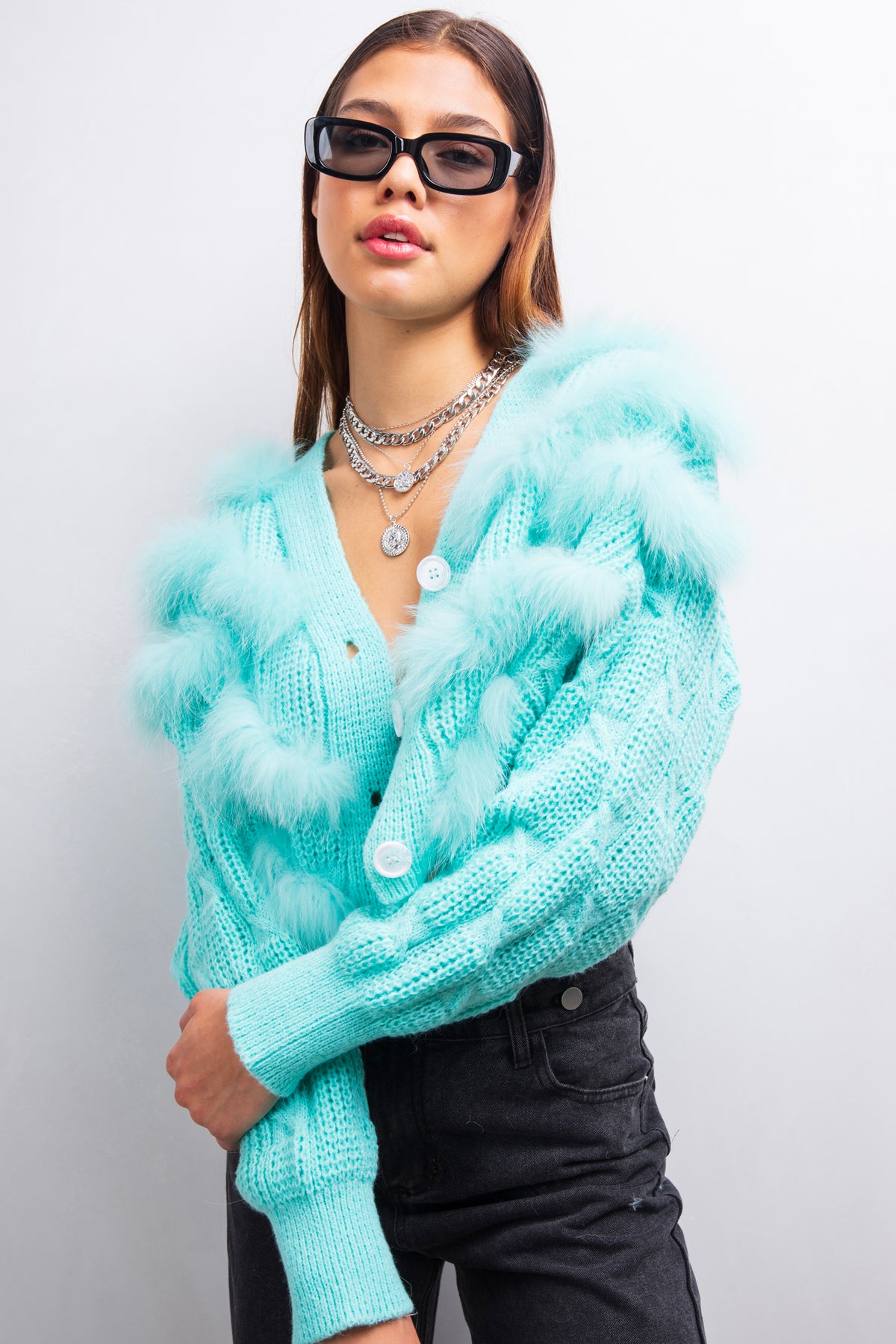 Honey Pot fur and wool cardigan in Baby Blue
