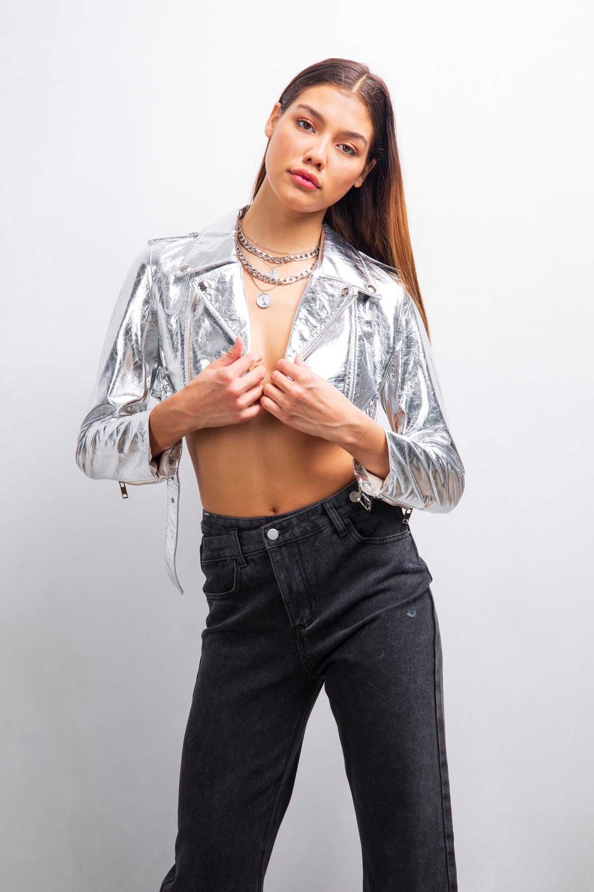 The Sable cropped leather jacket in Silver