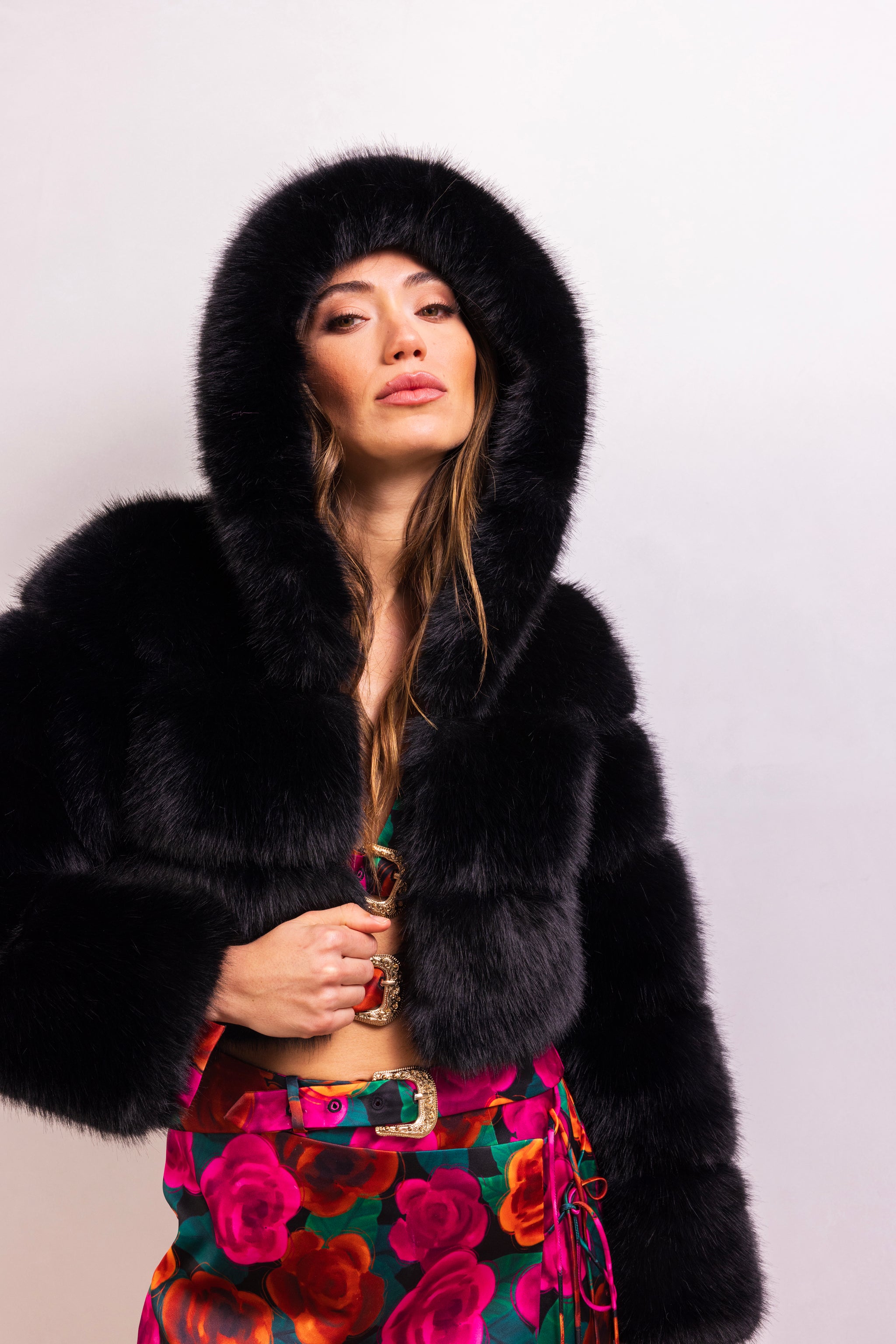 Black Fur Crop Jacket Cropped Puffer Jacket Cropped Fluffy Hood