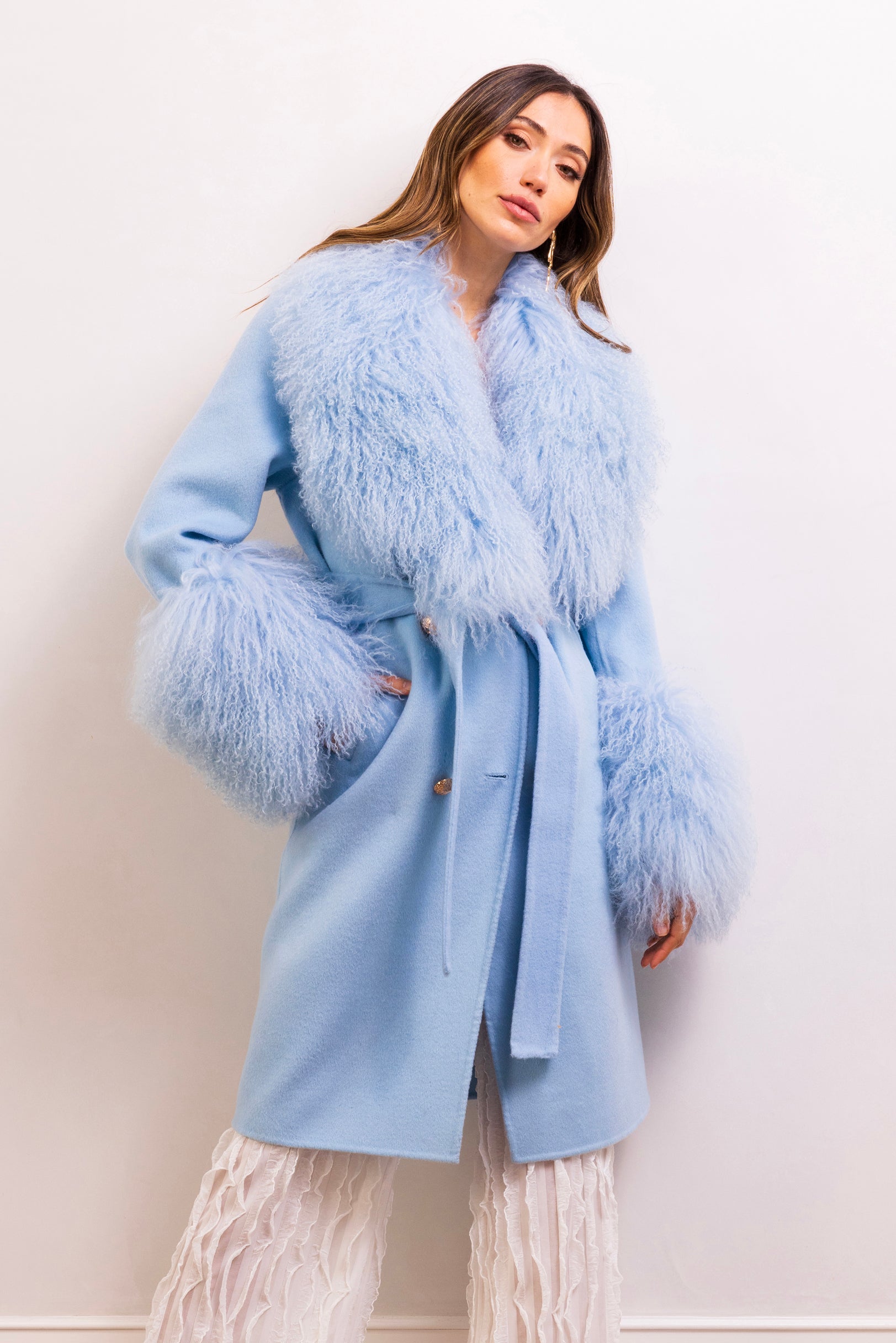ダウンジャケット・コート Charlott Long Wool Knit Coat Blue Wool Coat, Blue Midi Wool Coat, Long Wool Coat, Swing Wool