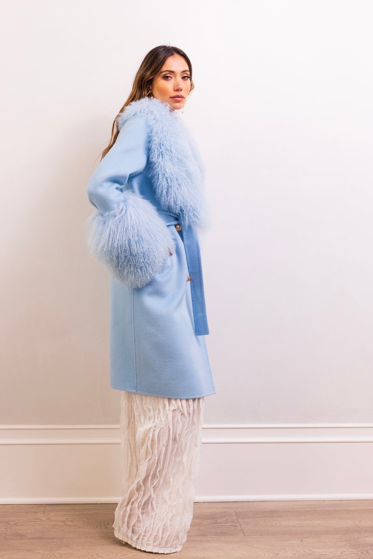 Charlotte Mongolian Wool Coat in Baby Blue