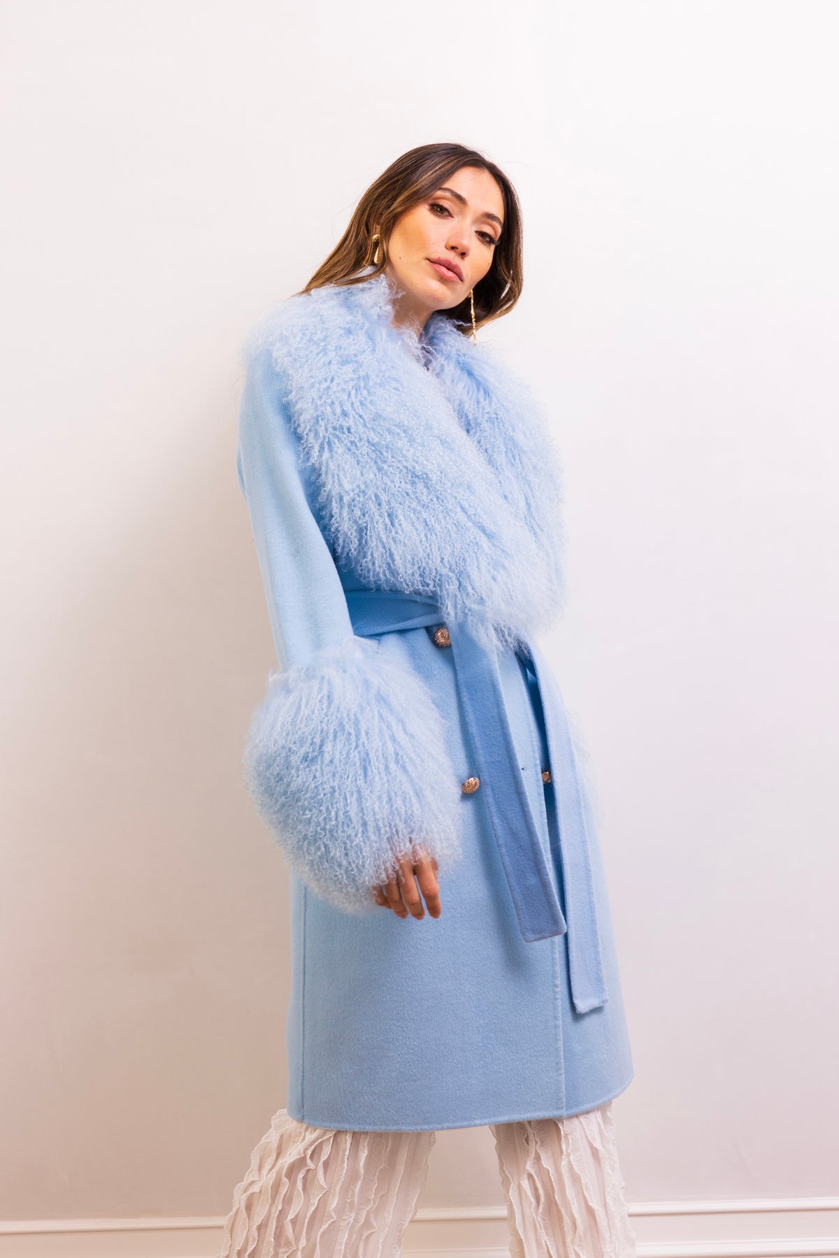 Charlotte Mongolian Wool Coat in Baby Blue