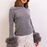 Eva Removable Fur Cuff Wool Sweater in Gray