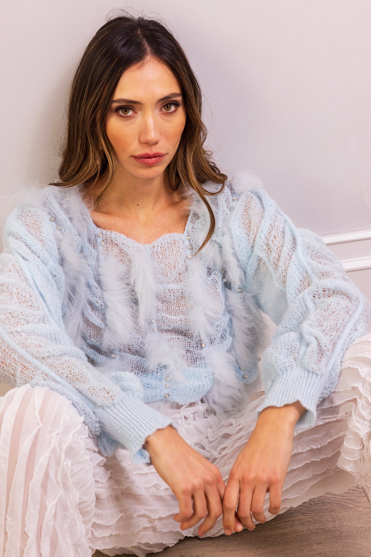 My Favor Embellished Wool Sweater in Baby Blue
