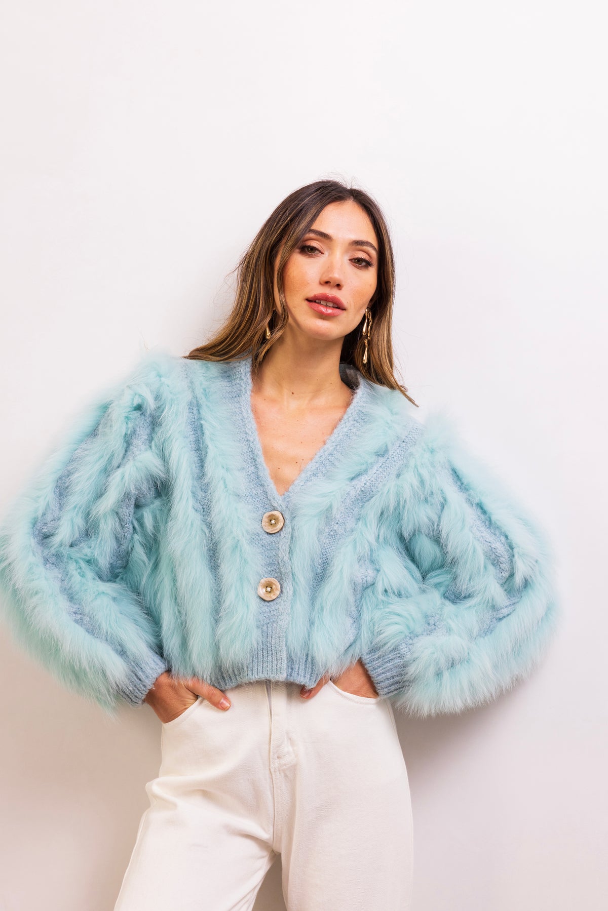 The Furry Fox Cardigan in Baby Blue