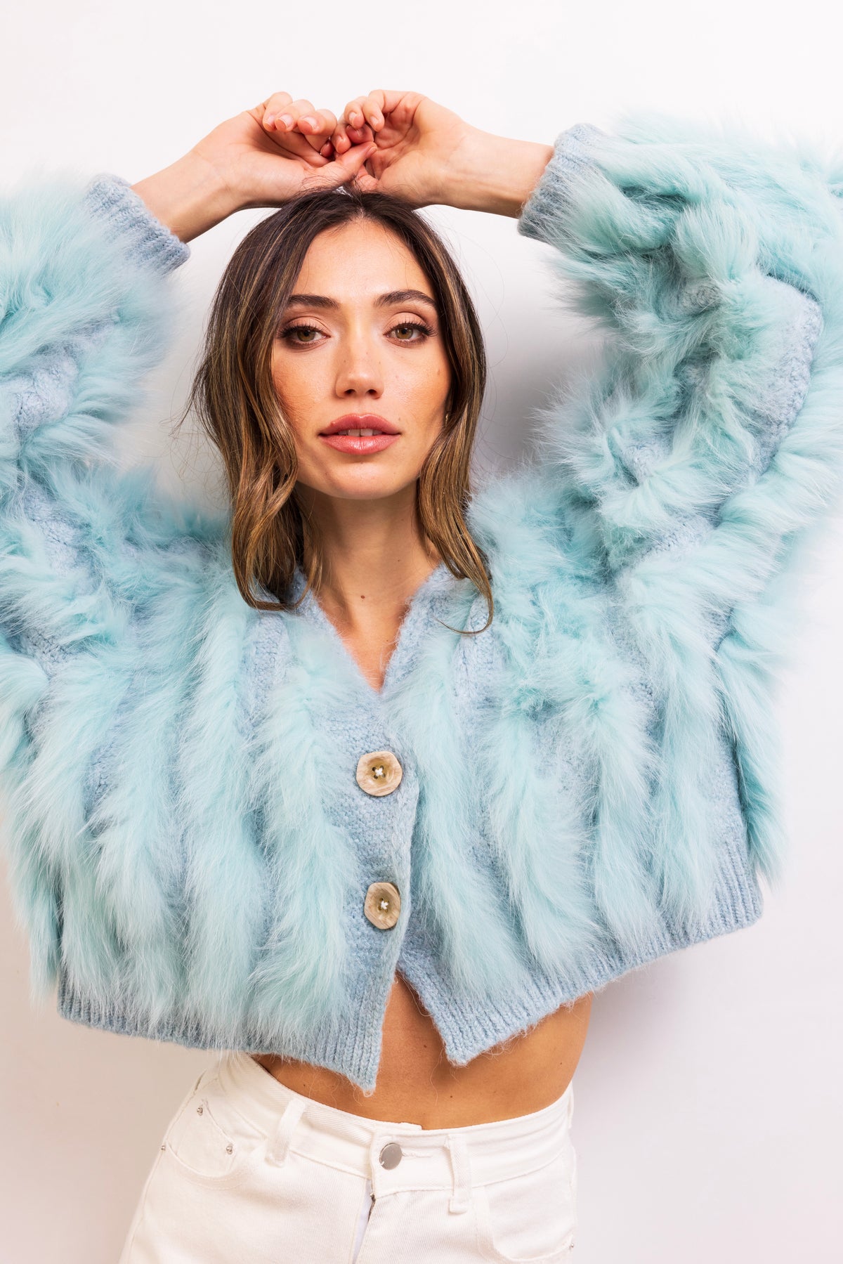 The Furry Fox Cardigan in Baby Blue