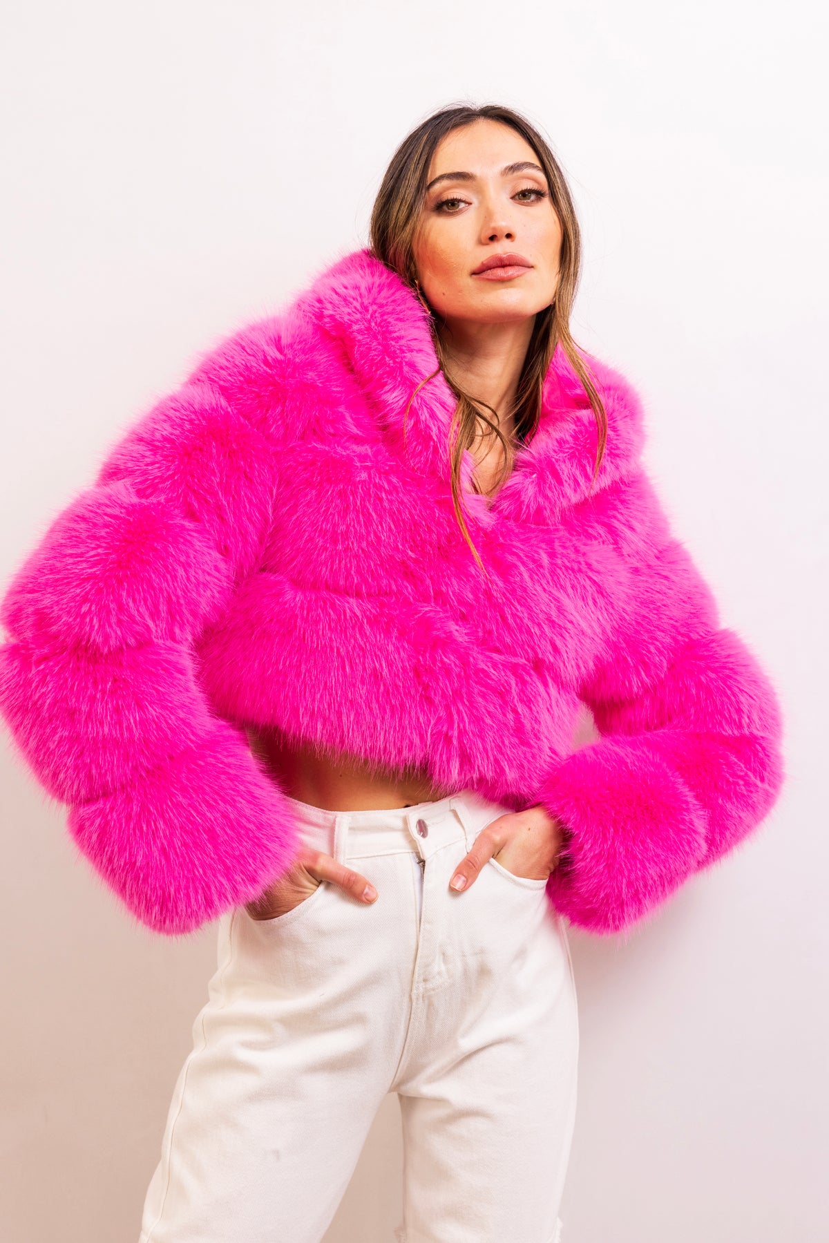 This Is It Faux Fur Cropped Jacket in Pink