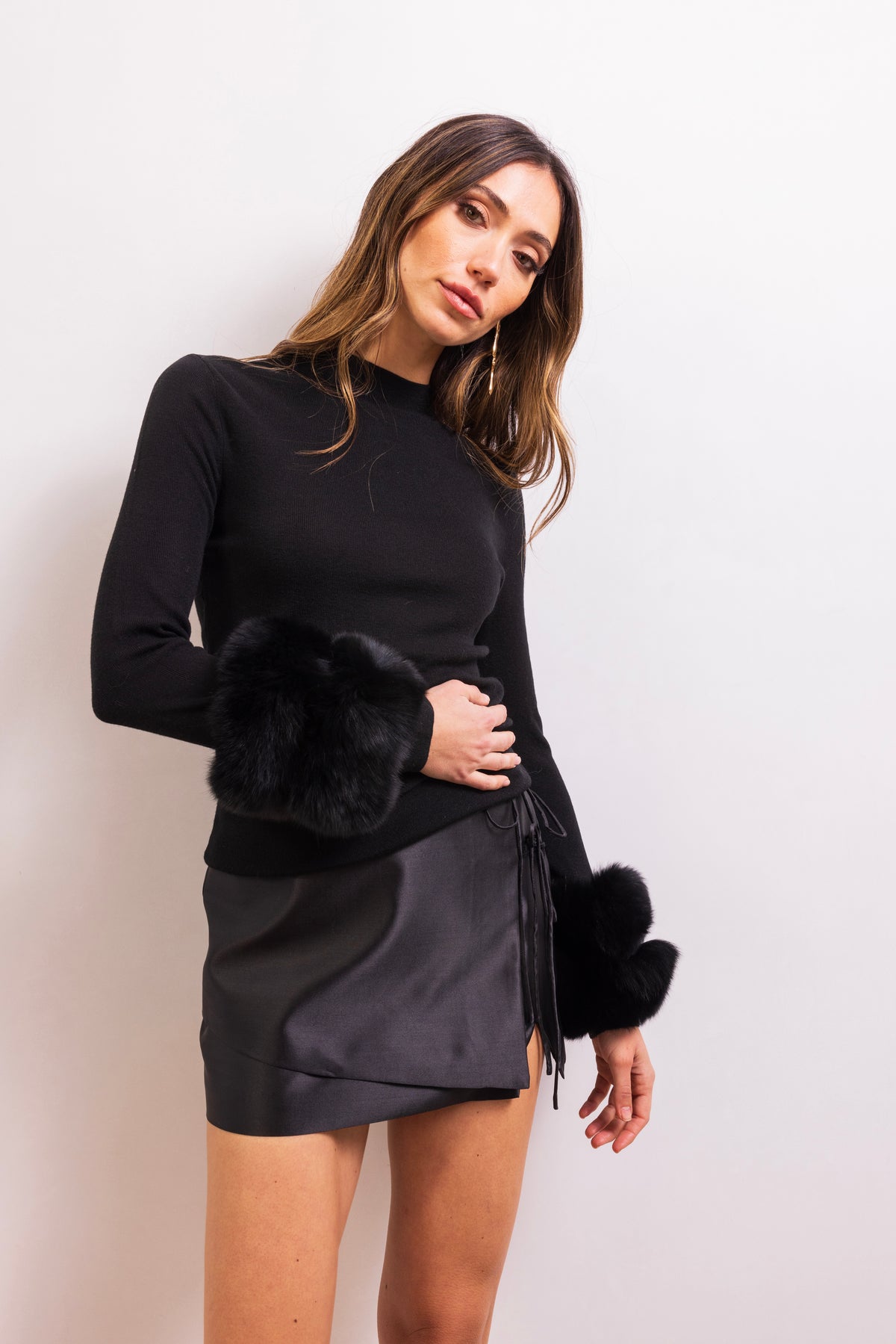 Samara Removable Fur Cuff Wool Sweater in Black