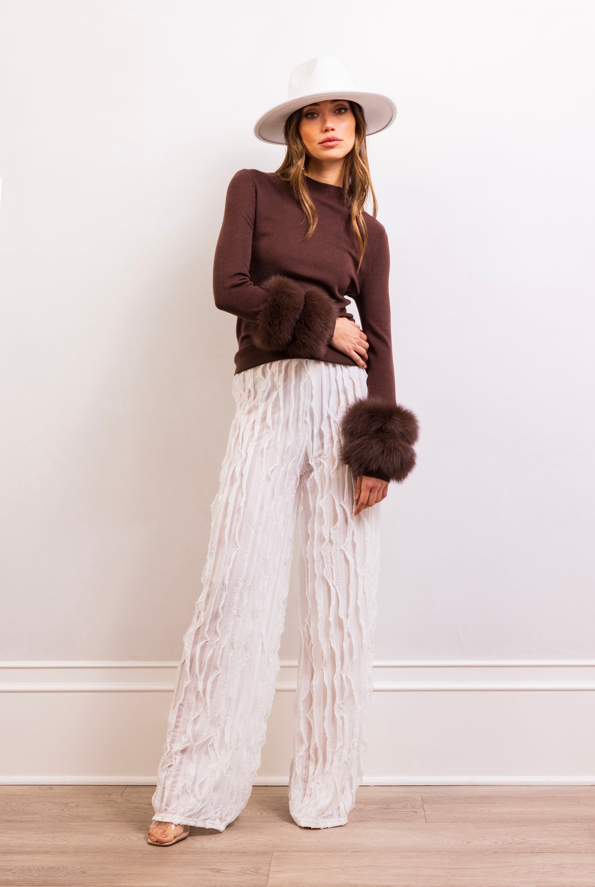 Samara Removable Fur Cuff Wool Sweater in Brown