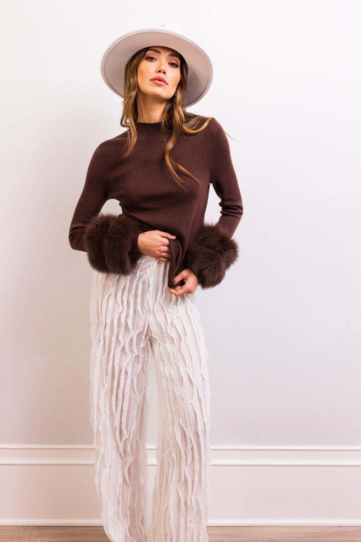 Samara Removable Fur Cuff Wool Sweater in Brown
