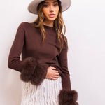 Samara Removable Fur Cuff Wool Sweater in Brown