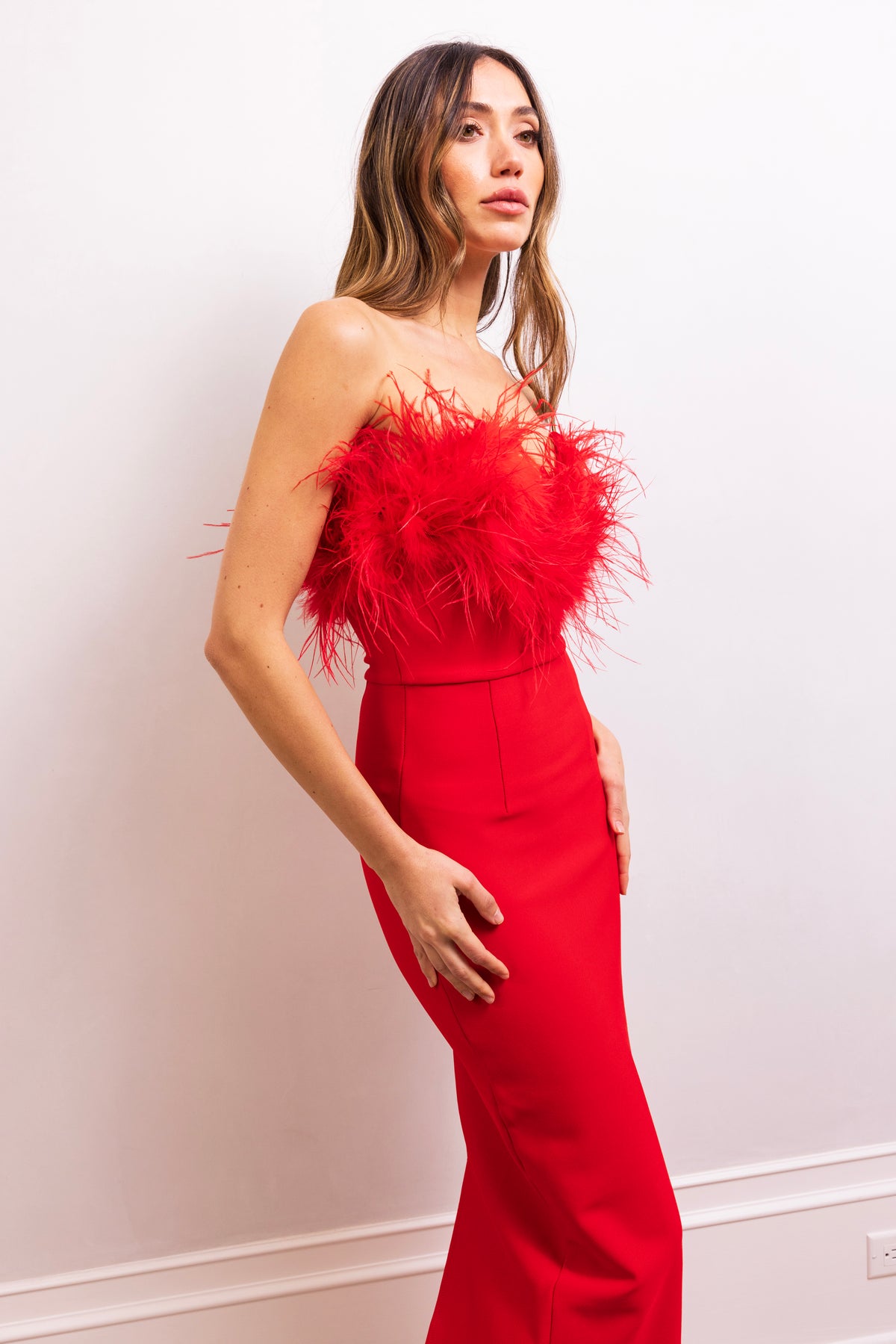 The Art of Silence Feather Maxi Dress in Red