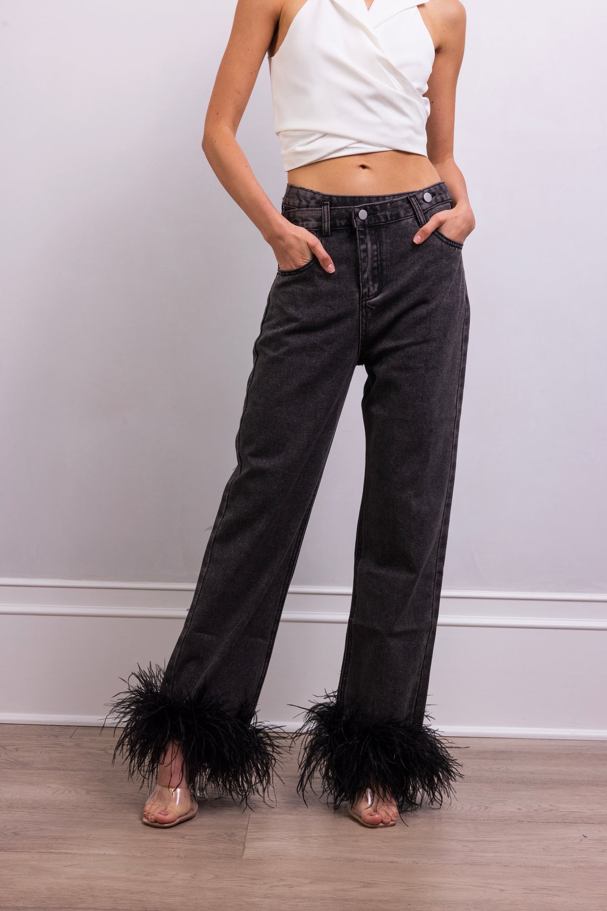 Float the Boat denim feather trim jeans in Black