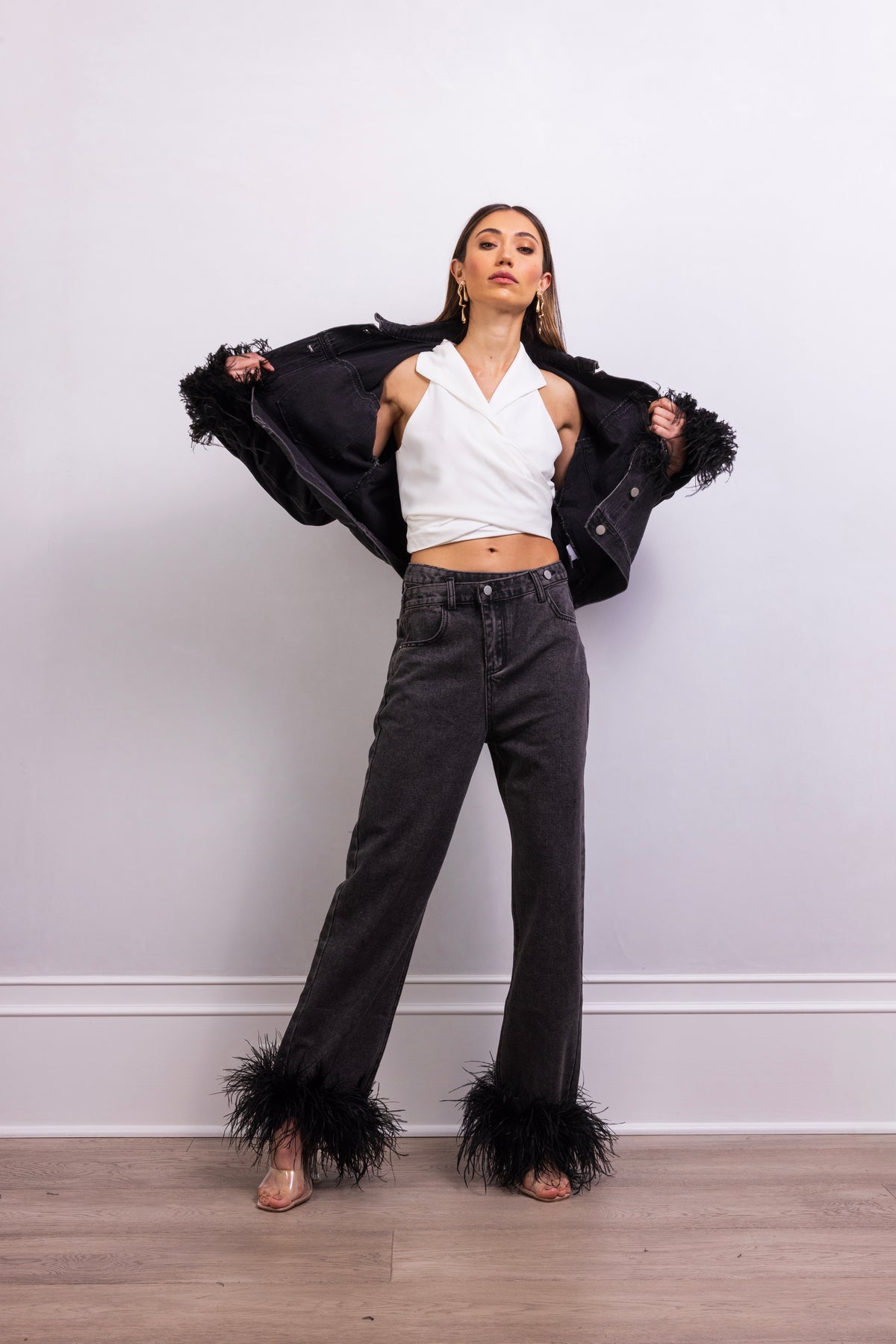Float the Boat denim feather trim jeans in Black