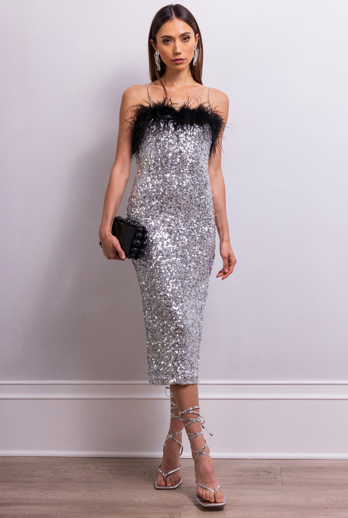 Reflected Secrets Feather Midi Dress in Silver