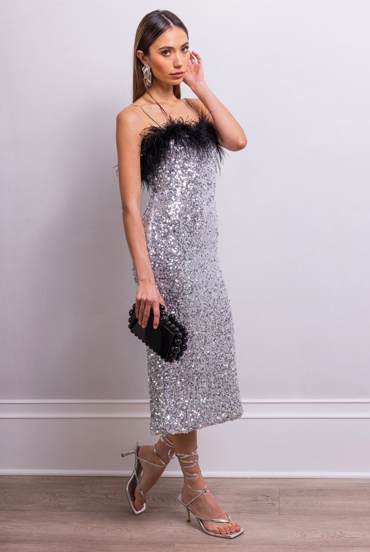 Reflected Secrets Feather Midi Dress in Silver