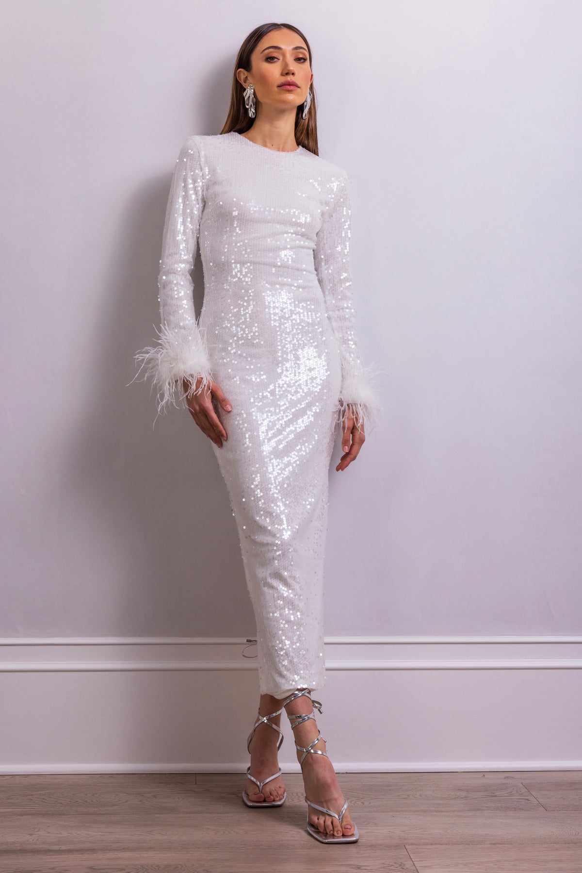 Shining Starlet Feather Midi Dress in White