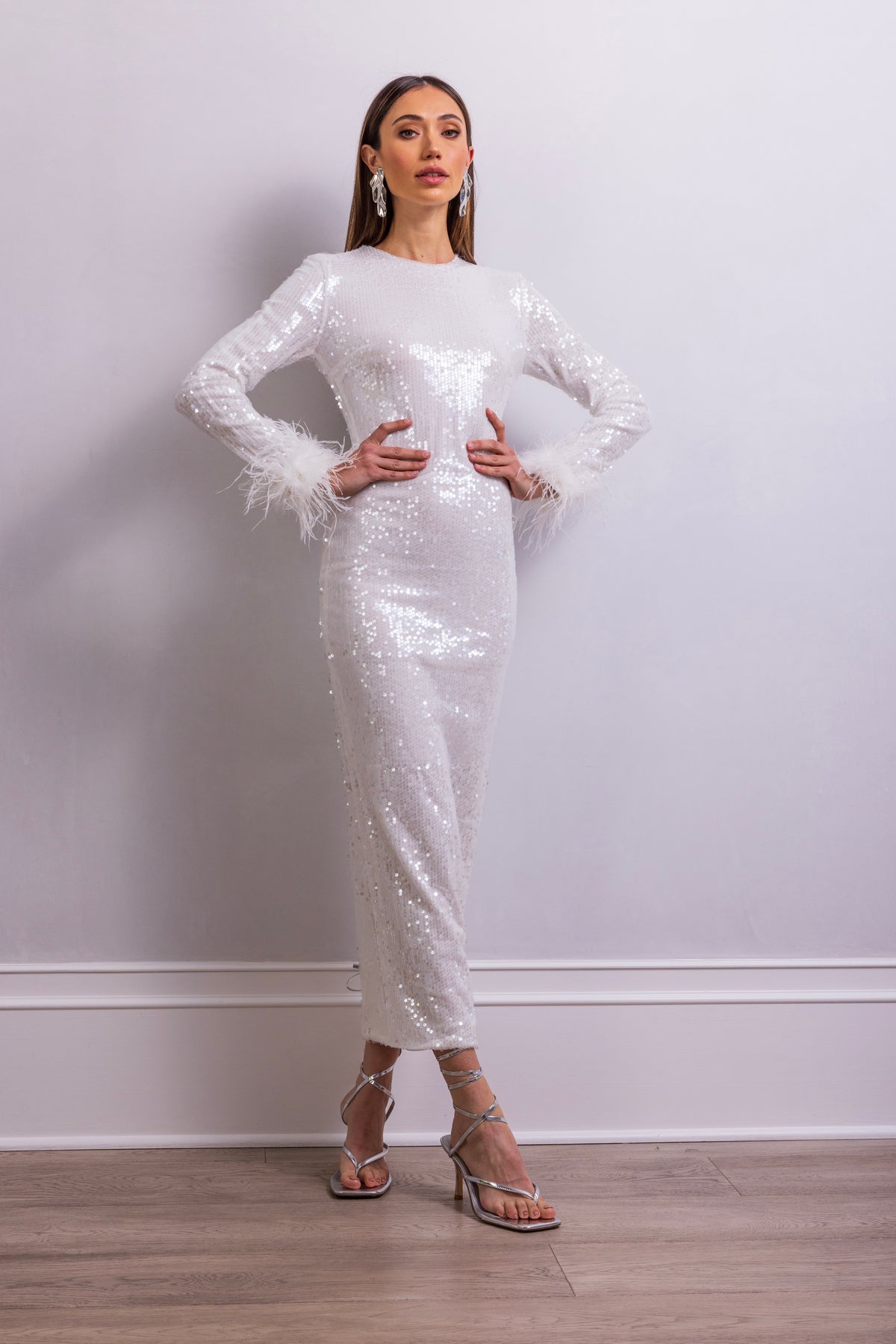 Shining Starlet Feather Midi Dress in White